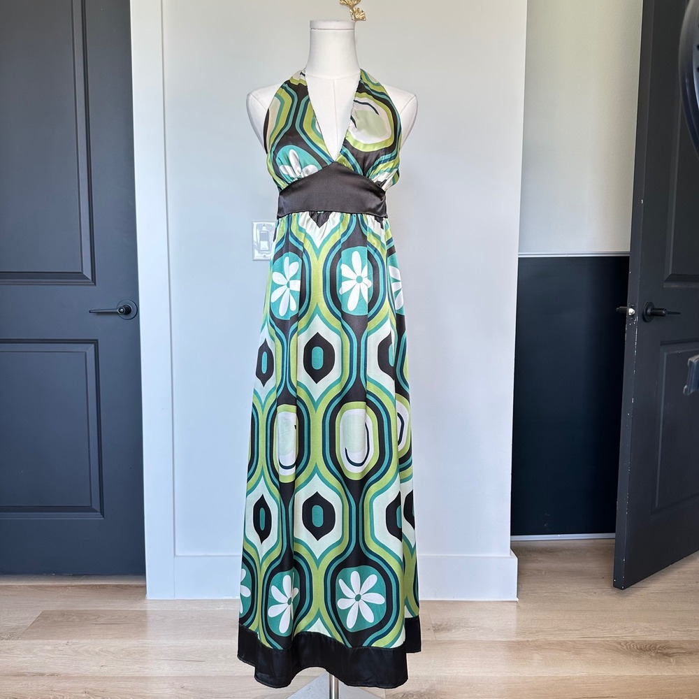 Chesley Maxi Dress Halter Floral Retro 70s Y2K Resort Green Geo Psychedelic M